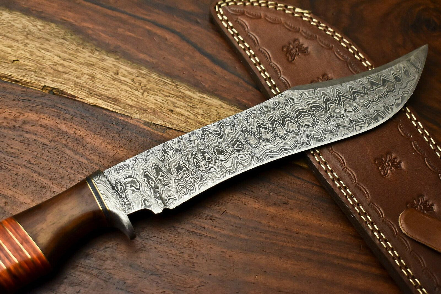 14" Damascus Bowie Knife – Camel Bone Handle & Leather Sheath