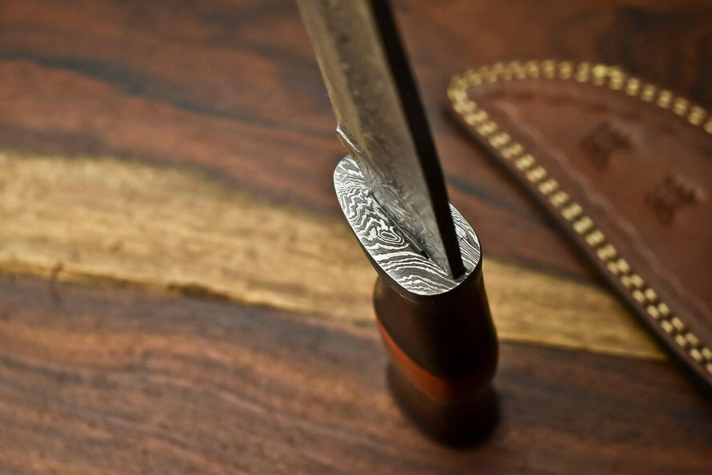 14" Damascus Bowie Knife – Camel Bone Handle & Leather Sheath