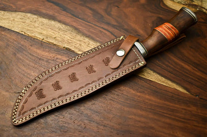 14" Damascus Bowie Knife – Camel Bone Handle & Leather Sheath
