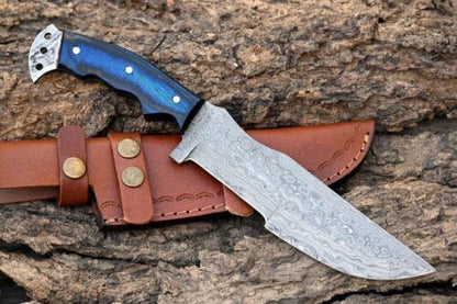 Custom Handmade Forged Damascus Steel Tracker Hunting Camping Knife – 12" Full Tang Fixed Blade with Micarta Handle & Leather Sheath