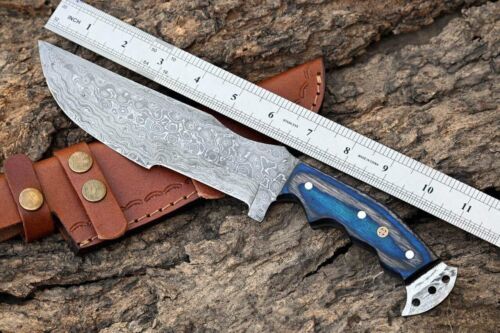 Custom Handmade Forged Damascus Steel Tracker Hunting Camping Knife – 12" Full Tang Fixed Blade with Micarta Handle & Leather Sheath