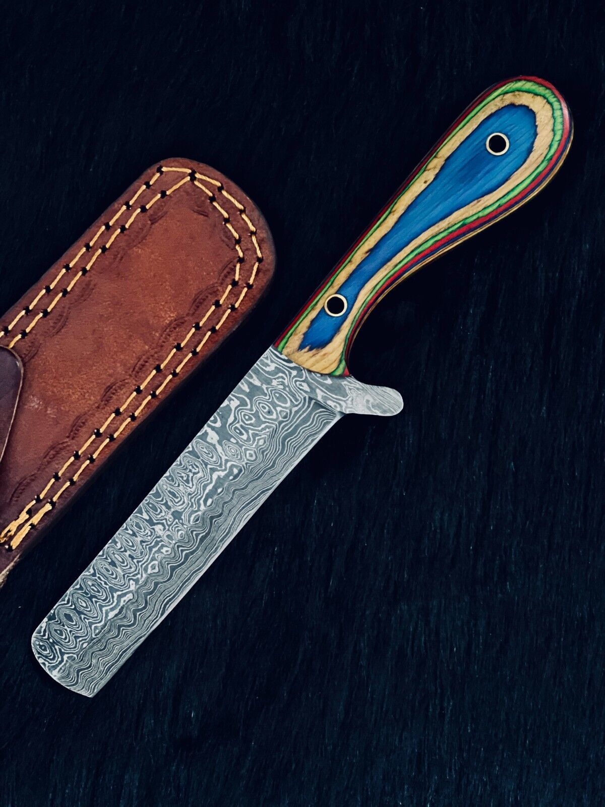 9" Custom Handmade Damascus Cow Boy Bowie Hunting Knife – Camel Bone & Wood Handle