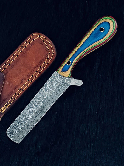 9" Custom Handmade Damascus Cow Boy Bowie Hunting Knife – Camel Bone & Wood Handle