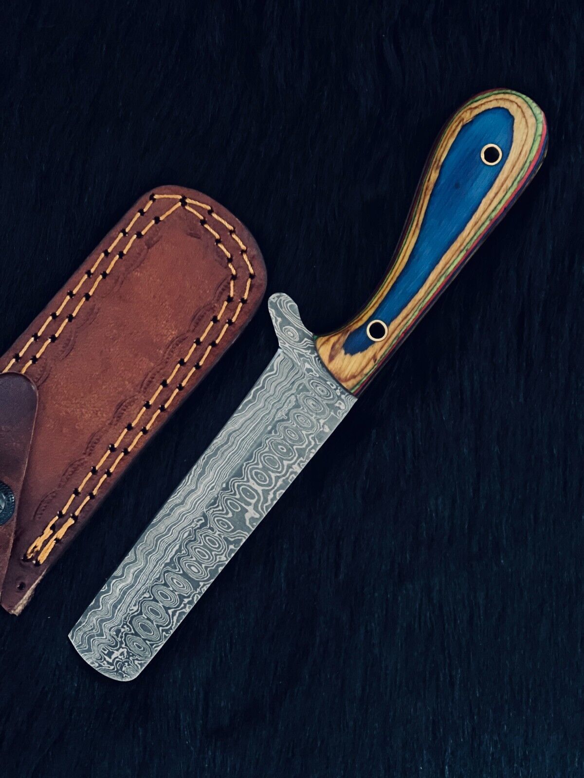 9" Custom Handmade Damascus Cow Boy Bowie Hunting Knife – Camel Bone & Wood Handle