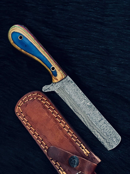 9" Custom Handmade Damascus Cow Boy Bowie Hunting Knife – Camel Bone & Wood Handle