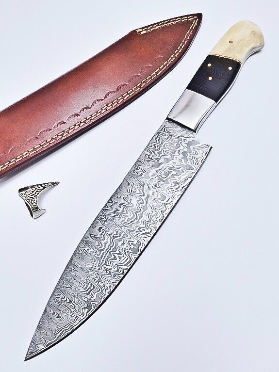 Custom Handmade Damascus Hunting & Chef Knife – 8.5" Blade with Bone & Hardwood Handle + Leather Sheath