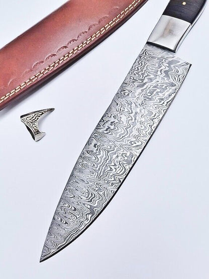 Custom Handmade Damascus Hunting & Chef Knife – 8.5" Blade with Bone & Hardwood Handle + Leather Sheath