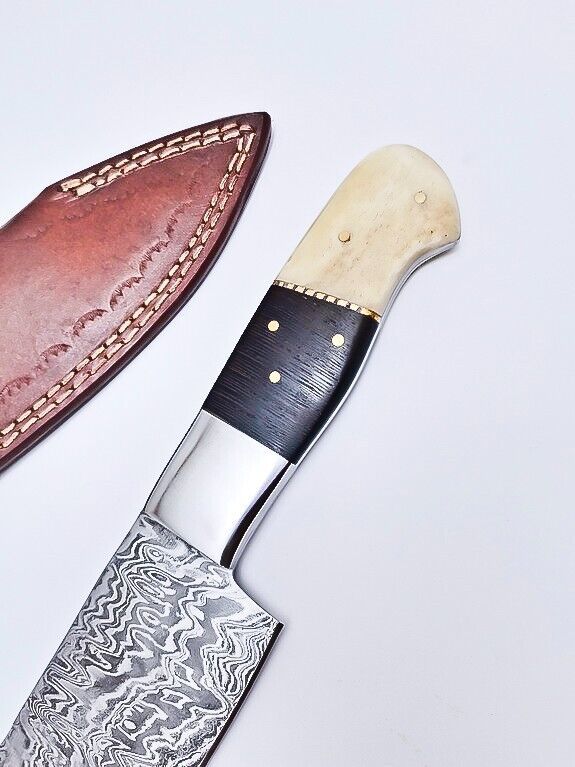 Custom Handmade Damascus Hunting & Chef Knife – 8.5" Blade with Bone & Hardwood Handle + Leather Sheath