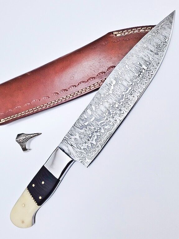 Custom Handmade Damascus Hunting & Chef Knife – 8.5" Blade with Bone & Hardwood Handle + Leather Sheath