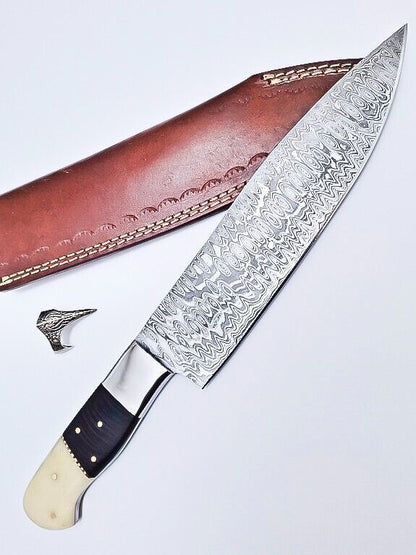 Custom Handmade Damascus Hunting & Chef Knife – 8.5" Blade with Bone & Hardwood Handle + Leather Sheath