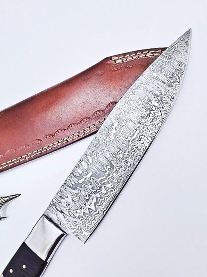 Custom Handmade Damascus Hunting & Chef Knife – 8.5" Blade with Bone & Hardwood Handle + Leather Sheath