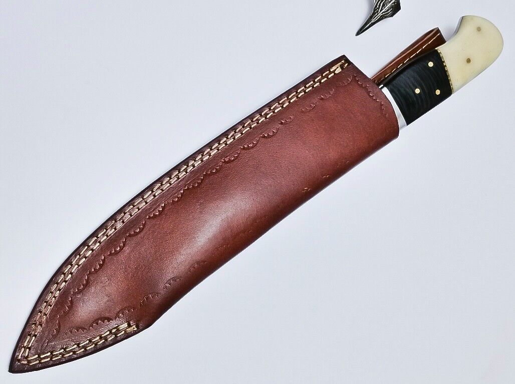Custom Handmade Damascus Hunting & Chef Knife – 8.5" Blade with Bone & Hardwood Handle + Leather Sheath