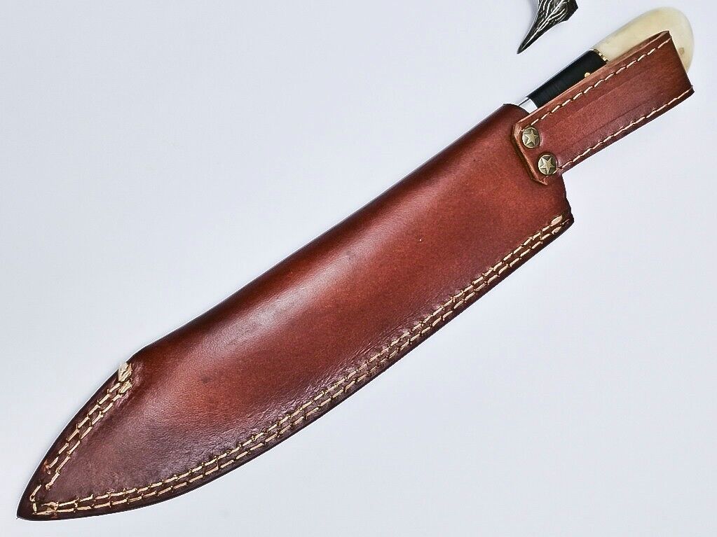 Custom Handmade Damascus Hunting & Chef Knife – 8.5" Blade with Bone & Hardwood Handle + Leather Sheath
