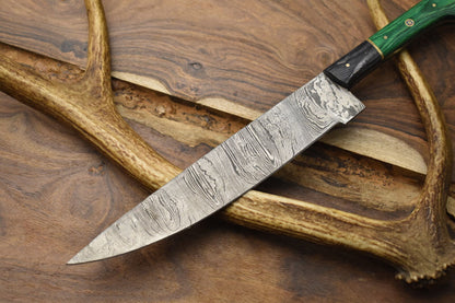 Custom Handmade Twist Pattern Damascus Steel Chef Knife with Pakka Wood Handle & Wooden Bolster – 13" Unique Kitchen Knife