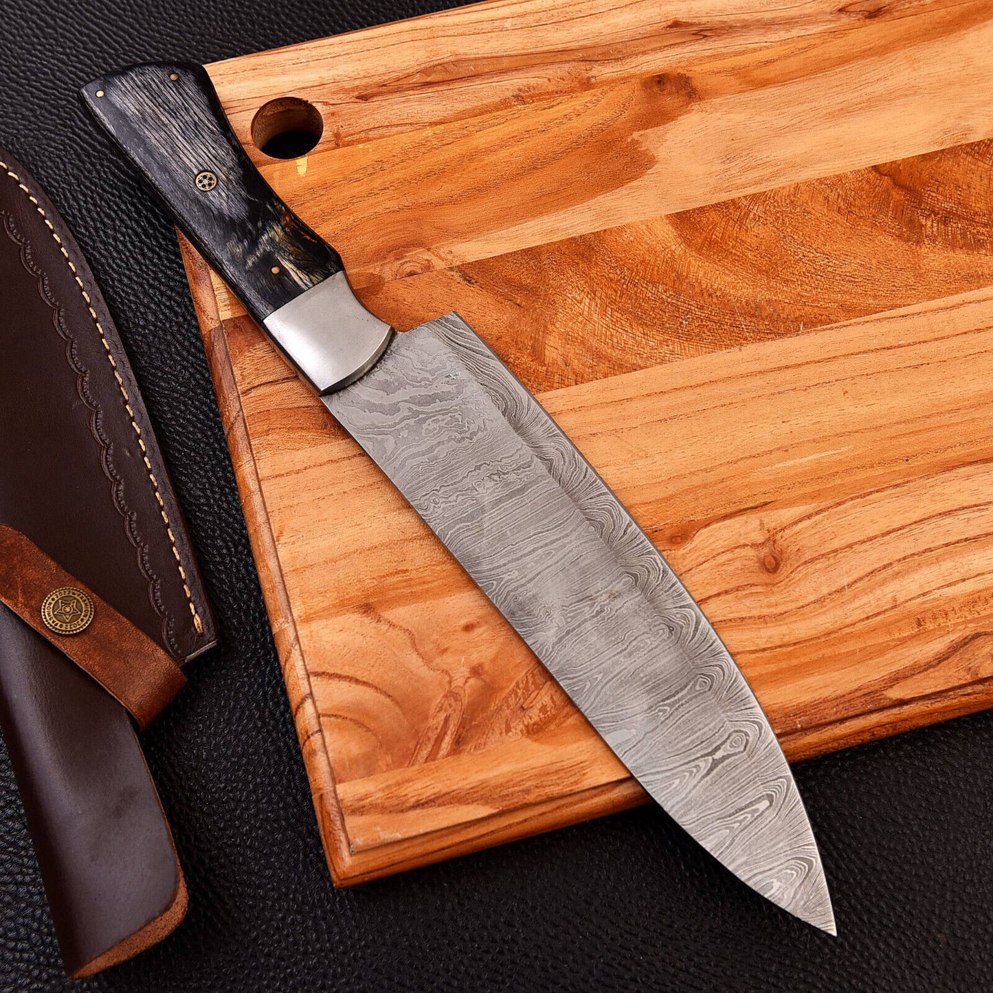 Custom Handmade Forged Damascus Steel Chef Kitchen Knife with Black Wood Handle
