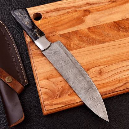 Custom Handmade Forged Damascus Steel Chef Kitchen Knife with Black Wood Handle