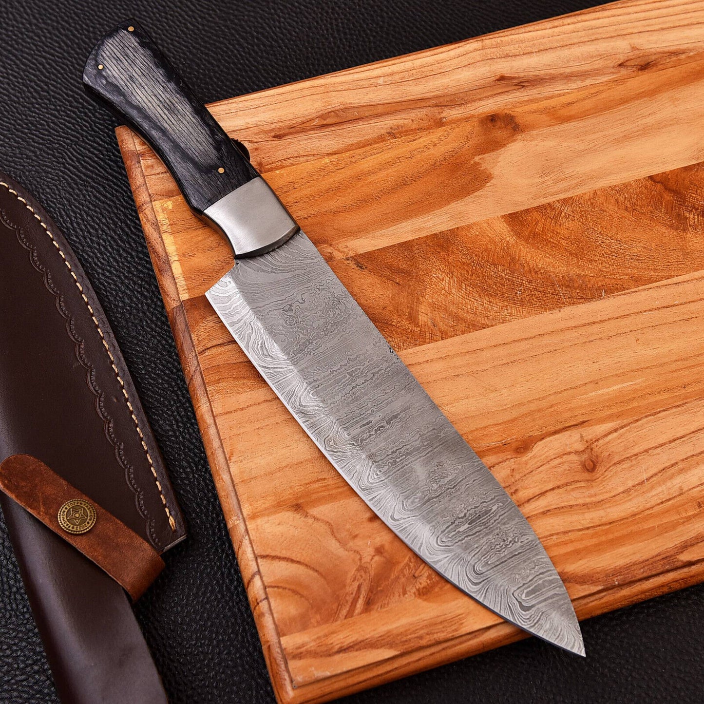 Custom Handmade Forged Damascus Steel Chef Kitchen Knife with Black Wood Handle