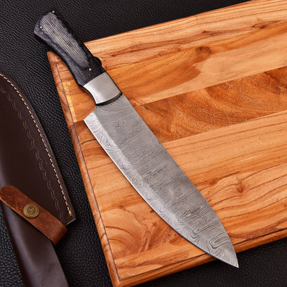 Custom Handmade Forged Damascus Steel Chef Kitchen Knife with Black Wood Handle