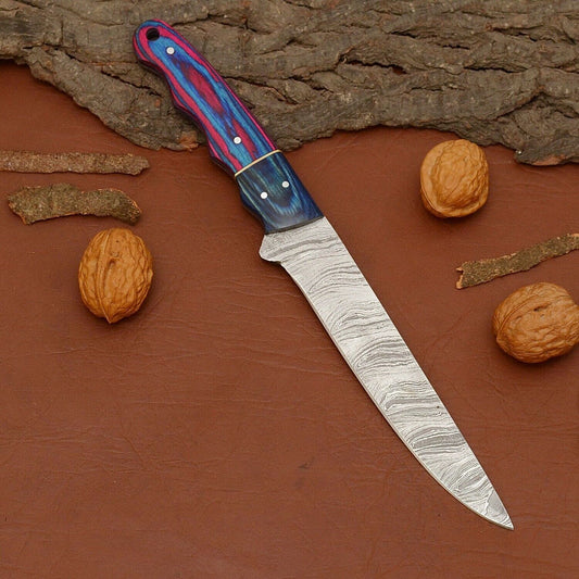 Hand-Forged Damascus Steel Chef Fillet Knife | Custom Kitchen Knife with Wood Handle