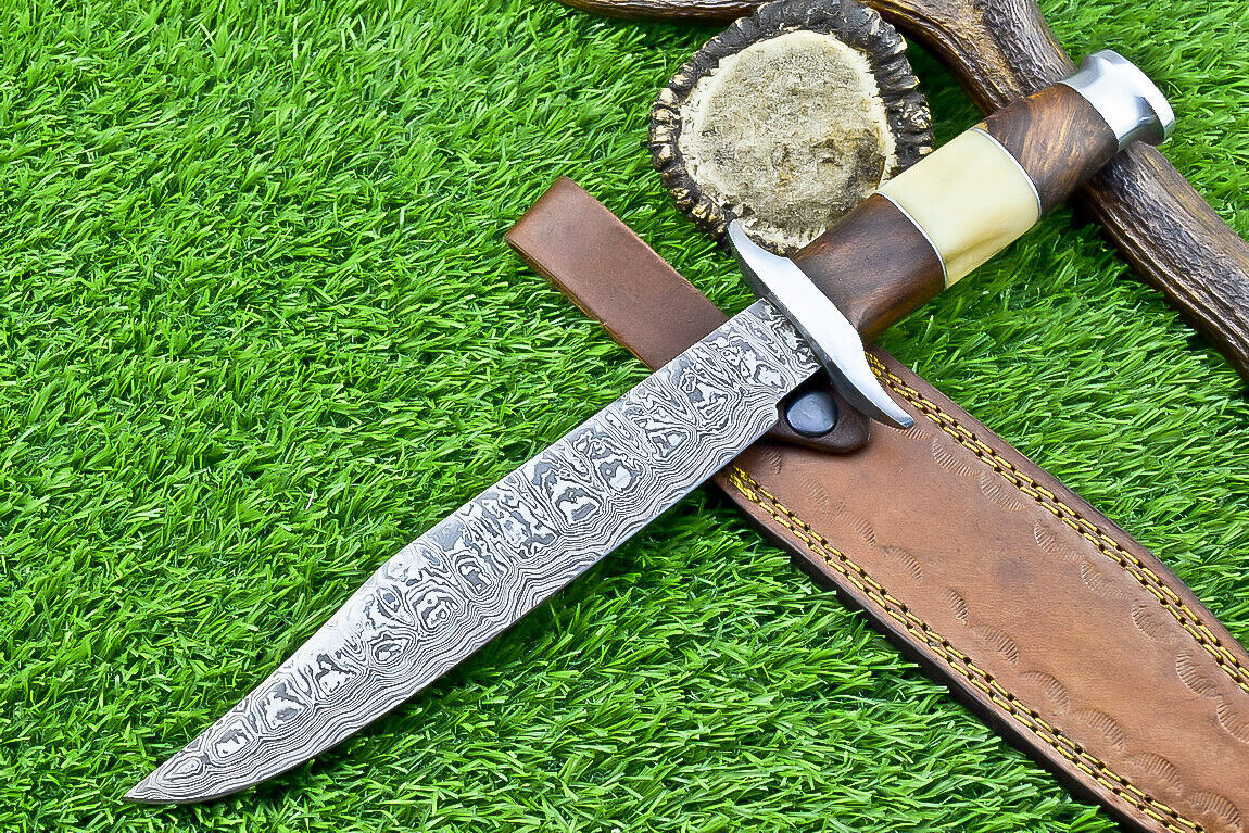 Heritage Forge 13 Inch Handmade Damascus Steel Bowie Knife with Camel Bone and Wood Handle and Leather Sheath