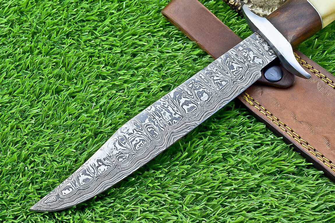 Heritage Forge 13 Inch Handmade Damascus Steel Bowie Knife with Camel Bone and Wood Handle and Leather Sheath