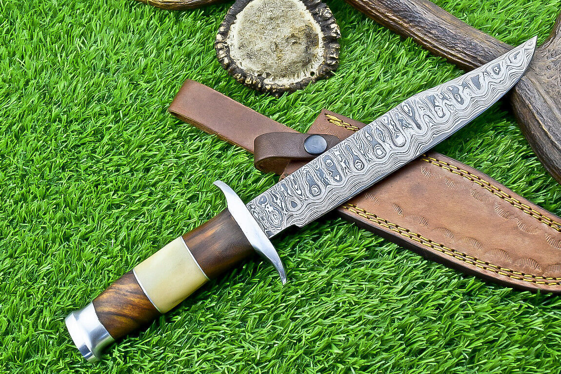 Heritage Forge 13 Inch Handmade Damascus Steel Bowie Knife with Camel Bone and Wood Handle and Leather Sheath