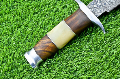 Heritage Forge 13 Inch Handmade Damascus Steel Bowie Knife with Camel Bone and Wood Handle and Leather Sheath