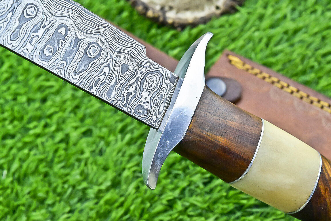 Heritage Forge 13 Inch Handmade Damascus Steel Bowie Knife with Camel Bone and Wood Handle and Leather Sheath