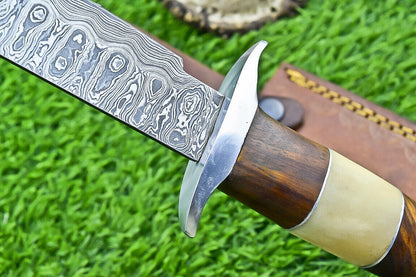 Heritage Forge 13 Inch Handmade Damascus Steel Bowie Knife with Camel Bone and Wood Handle and Leather Sheath