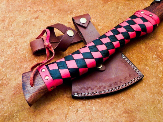 Hand Forged Carbon Steel Viking Bearded Axe 18" Camping Tomahawk with Wood Handle and Leather Sheath