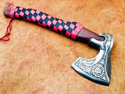 Hand Forged Carbon Steel Viking Bearded Axe 18" Camping Tomahawk with Wood Handle and Leather Sheath