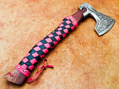 Hand Forged Carbon Steel Viking Bearded Axe 18" Camping Tomahawk with Wood Handle and Leather Sheath