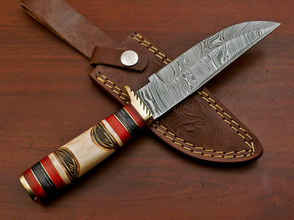 Custom Handmade Damascus Steel Engraved Burn Camel Bone Bowie Hunting Knife | Pakka Wood Handle