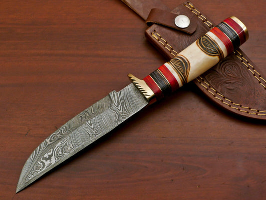 Custom Handmade Damascus Steel Engraved Burn Camel Bone Bowie Hunting Knife | Pakka Wood Handle