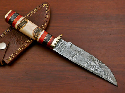 Custom Handmade Damascus Steel Engraved Burn Camel Bone Bowie Hunting Knife | Pakka Wood Handle