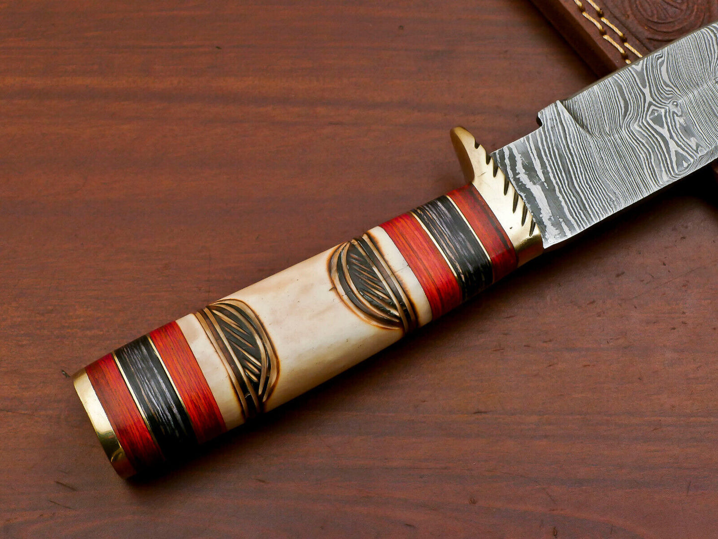 Custom Handmade Damascus Steel Engraved Burn Camel Bone Bowie Hunting Knife | Pakka Wood Handle