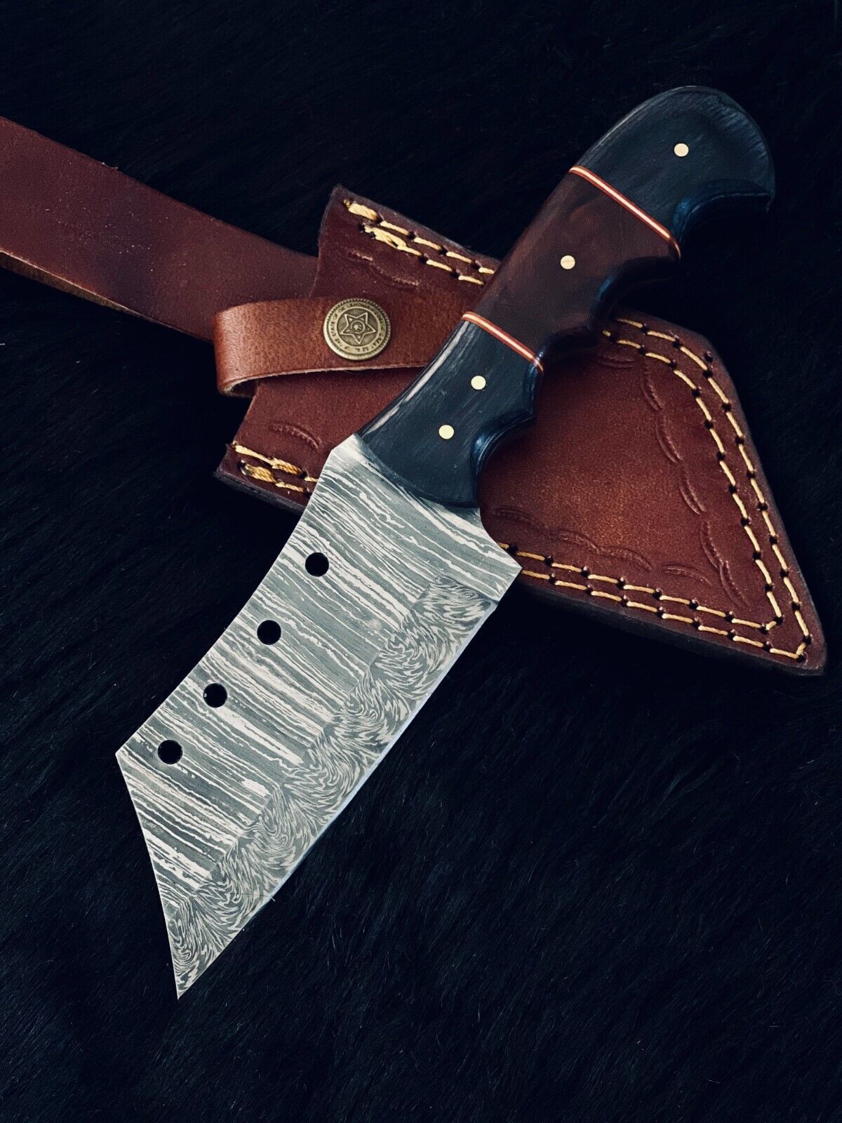 9" Custom Handmade Twist Damascus Steel Tanto Bowie Hunting Knife – Camel Bone & Wood Handle
