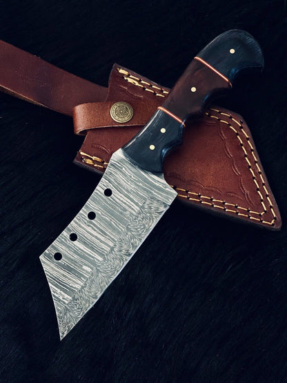 9" Custom Handmade Twist Damascus Steel Tanto Bowie Hunting Knife – Camel Bone & Wood Handle
