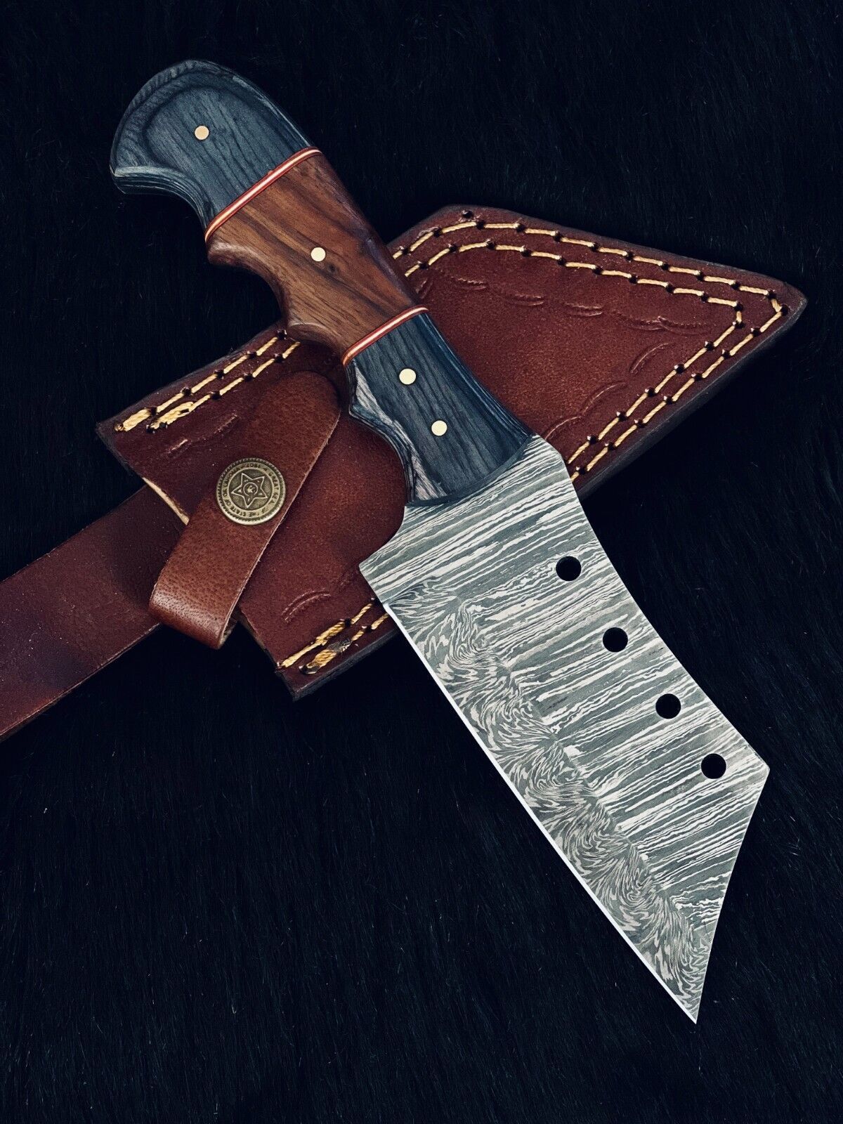 9" Custom Handmade Twist Damascus Steel Tanto Bowie Hunting Knife – Camel Bone & Wood Handle