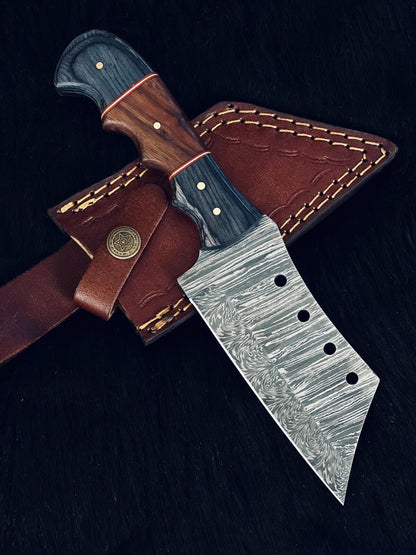 9" Custom Handmade Twist Damascus Steel Tanto Bowie Hunting Knife – Camel Bone & Wood Handle