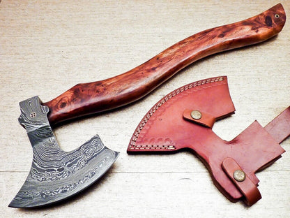 Handmade Damascus Steel Axe Unique Limited Edition with Natural Wood Handle and Leather Sheath