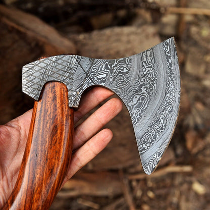 Custom Hand Forged Damascus Steel Viking Bearded Camping Hatchet Tomahawk Axe with Natural Wood Handle and Leather Sheath
