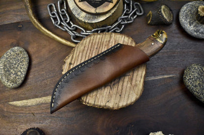9.5" Forged Skinner Knife Twist Damascus Walnut Wood Handle with Sheath
