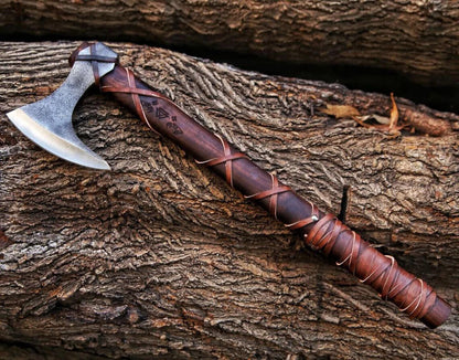 Hand Forged High Carbon Steel Viking Tomahawk with Wooden Handle and Leather Sheath