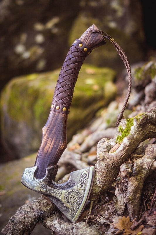 Hand Forged Viking Axe Carbon Steel Battle Ready Bearded Throwing Hatchet with Leather Sheath