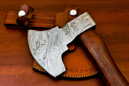 Handmade Damascus Steel Tomahawk Hatchet Axe with Walnut Handle and Leather Sheath – 15 Inch