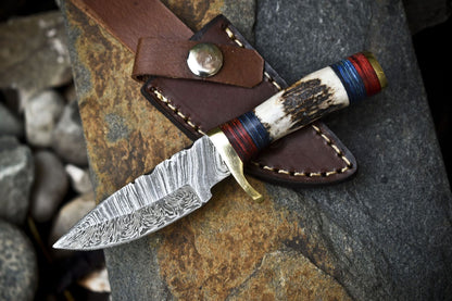 Twist Damascus Skinner Knife with Stag Antler Handle | Hand Forged EDC Knife