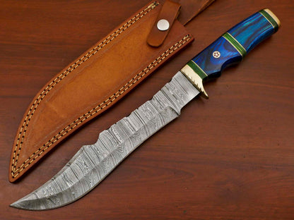 Hand Forged Damascus Bowie Hunting Knife – Hard Wood Handle