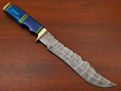 Hand Forged Damascus Bowie Hunting Knife – Hard Wood Handle