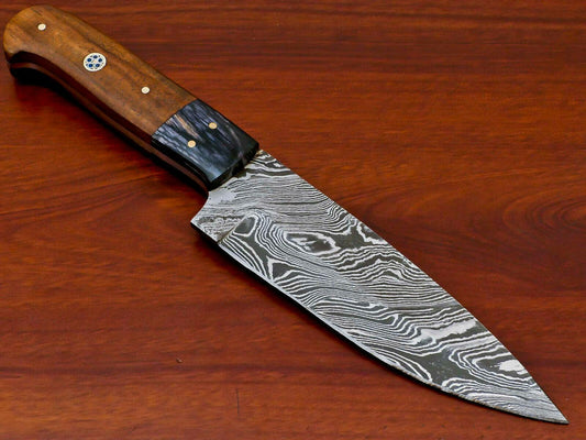 Handmade Damascus Chef Knife – Full Tang 10" Kitchen Knife with Rosewood & Hardwood Handle